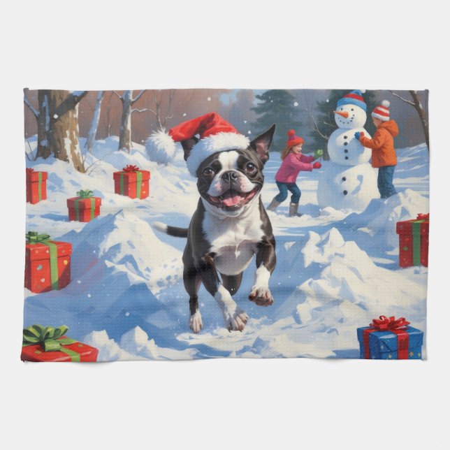 Boston Terrier  Christmas Festive Snow Scene Kitchen Towel (Horizontal)
