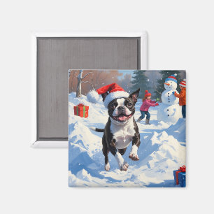 Boston Terrier Christmas Festive Snow Scene Magnet