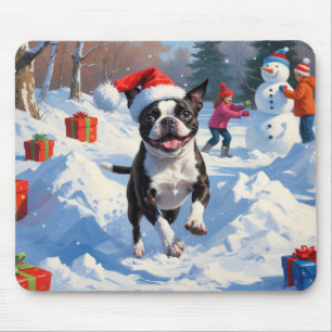 Boston Terrier  Christmas Festive Snow Scene Mouse Pad