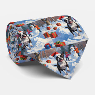 Boston Terrier Christmas Festive Snow Scene Neck Tie