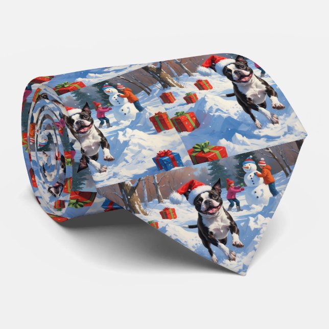 Boston Terrier  Christmas Festive Snow Scene Neck Tie (Rolled)