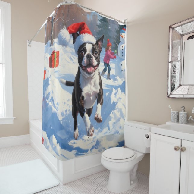 Boston Terrier  Christmas Festive Snow Scene Shower Curtain (In Situ)