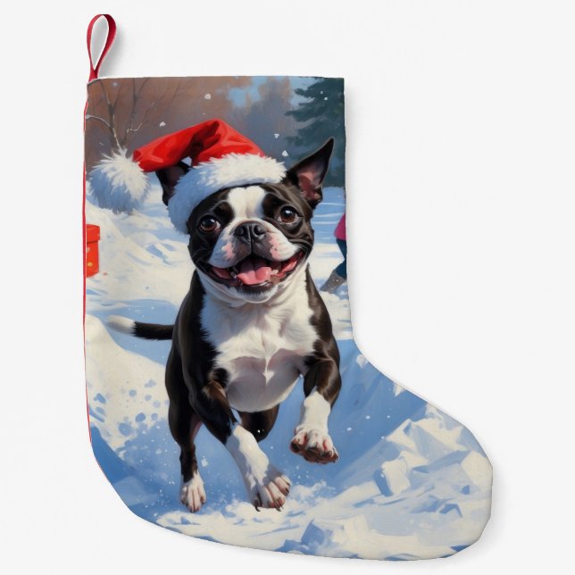 Boston Terrier  Christmas Festive Snow Scene Small Christmas Stocking (Front)