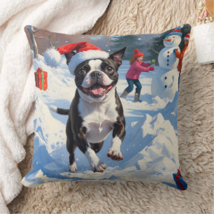 Boston Terrier Christmas Festive Snow Scene Throw Pillow