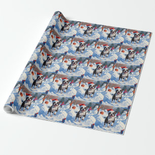 Boston Terrier Christmas Festive Snow Scene Wrapping Paper
