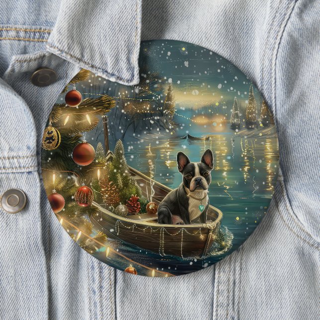 Boston Terrier Christmas Festive Voyage Button (In Situ)