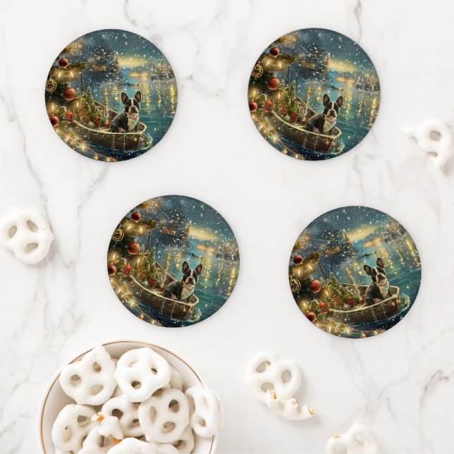 Boston Terrier Christmas Festive Voyage Coaster Set (In Situ)