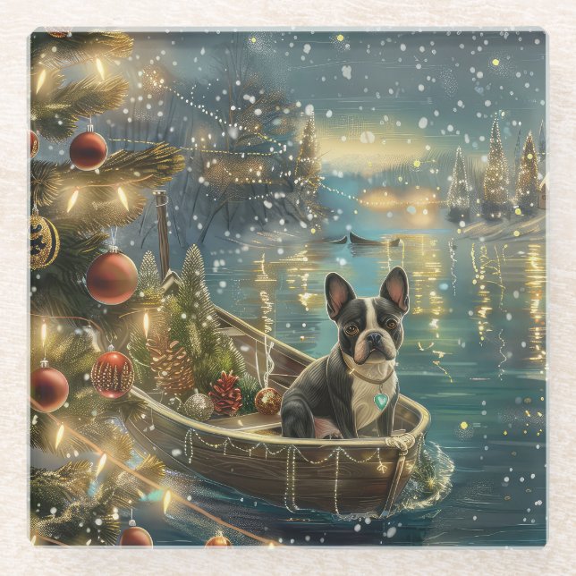 Boston Terrier Christmas Festive Voyage Glass Coaster (Front)