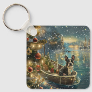 Boston Terrier Christmas Festive Voyage Keychain