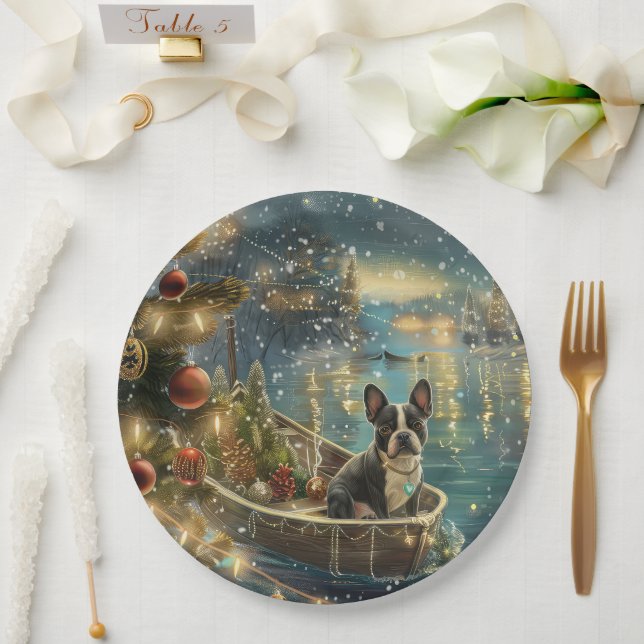 Boston Terrier Christmas Festive Voyage Paper Plates (Wedding)