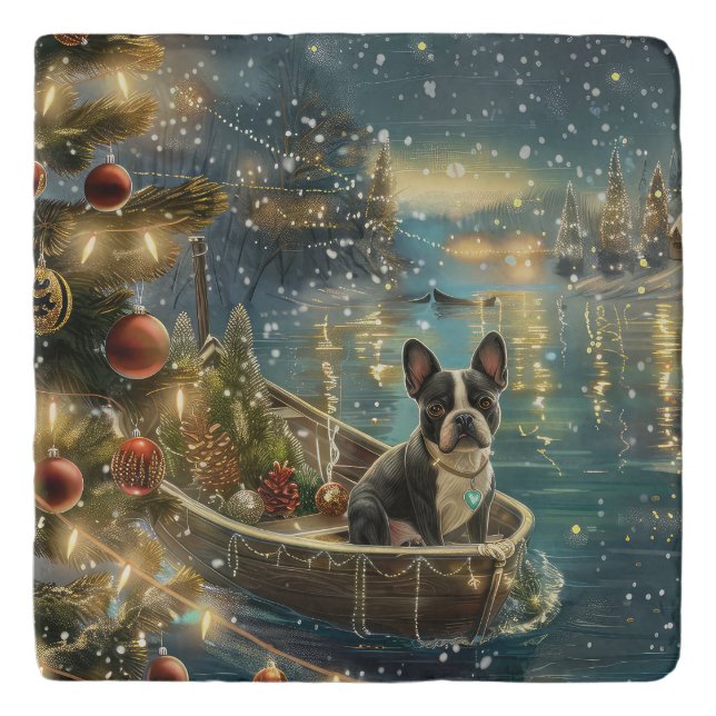 Boston Terrier Christmas Festive Voyage Trivet (Front)