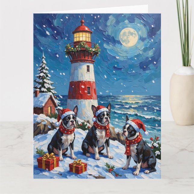Boston Terrier Christmas Lighthouse Holiday Card (Front)