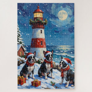 Boston Terrier Christmas Lighthouse Holiday Jigsaw Puzzle