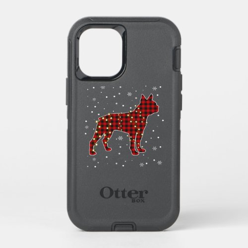 Boston Terrier Christmas Lights Red Plaid Dog Dad OtterBox Defender iPhone 12 Mini Case