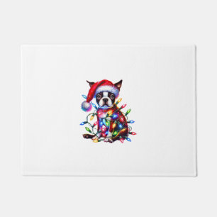 Boston Terrier Christmas Lights Santa Hat Dog Love Doormat