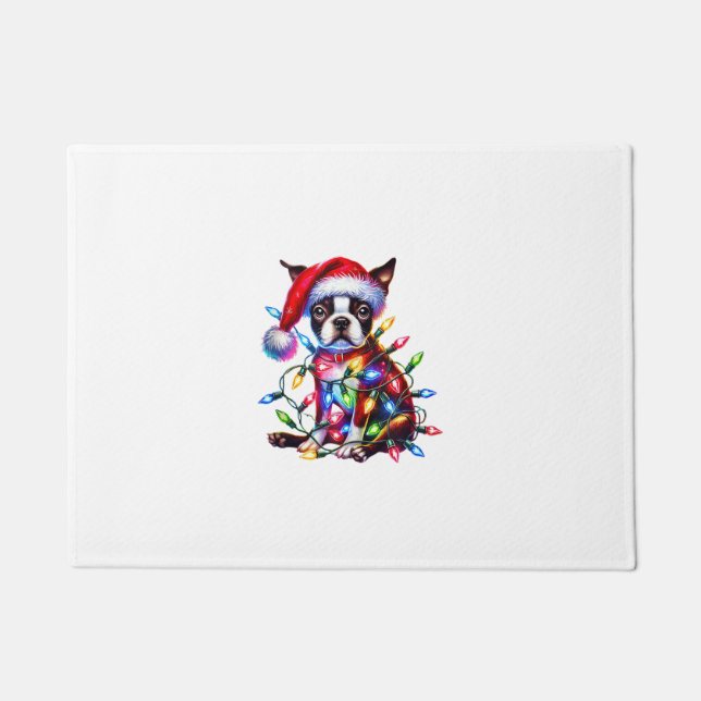 Boston Terrier Christmas Lights Santa Hat Dog Love Doormat (Front)