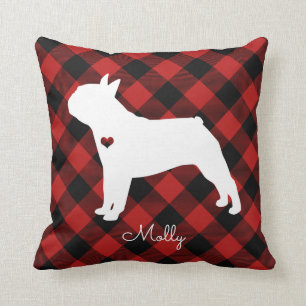 Boston Terrier Christmas Plaid Dog Name Throw Pillow
