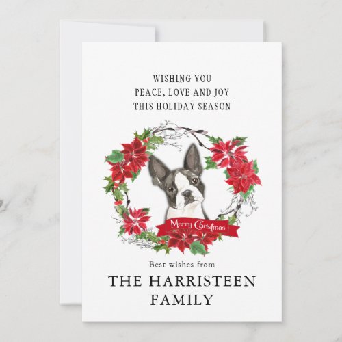 Boston Terrier Christmas Poinsettia Wreath Holiday Card