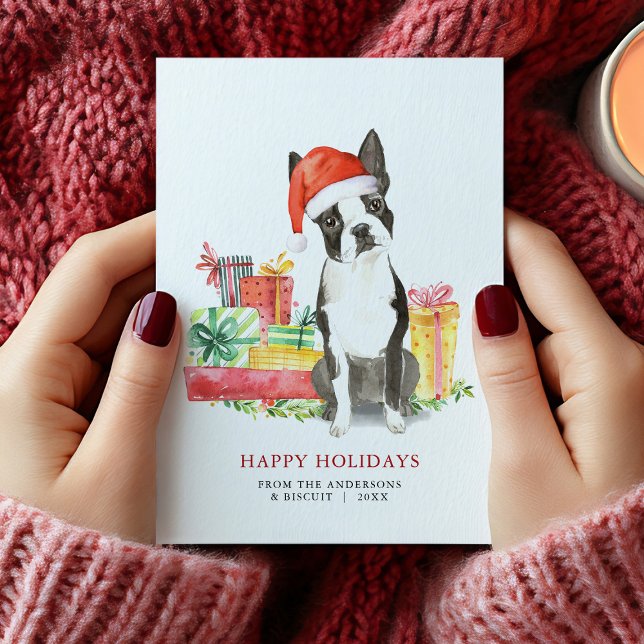 Boston Terrier Christmas Presents Holiday Card (Boston Terrier Christmas Card)