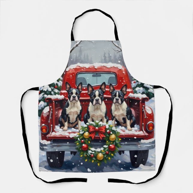 Boston Terrier Christmas Red Truck Holiday Apron (Front)