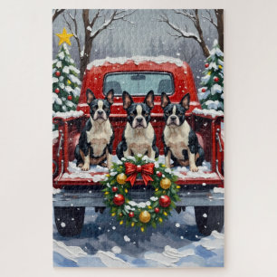 Boston Terrier Christmas Red Truck Holiday Jigsaw Puzzle