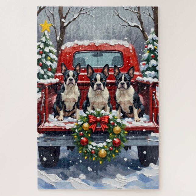 Boston Terrier Christmas Red Truck Holiday Jigsaw Puzzle (Vertical)