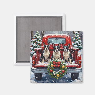 Boston Terrier Christmas Red Truck Holiday Magnet