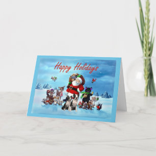 Boston Terrier Christmas Santa and Animals Greetin Holiday Card