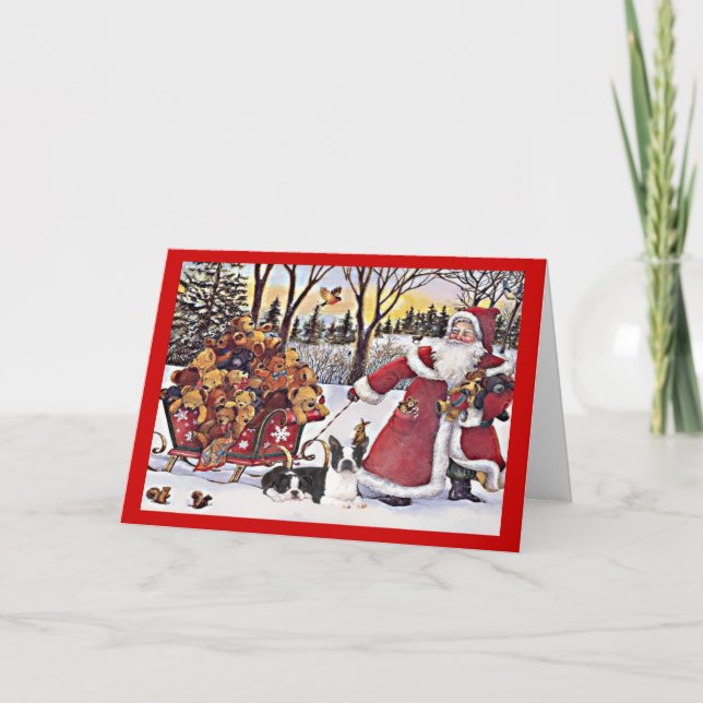 Boston Terrier Christmas Santa and Bears Greeting  Holiday Card (Front)