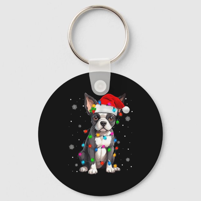Boston Terrier Christmas Santa Hat  Keychain (Front)