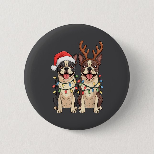Boston Terrier Christmas Santa Hat Reindeer Lights Button (Front)