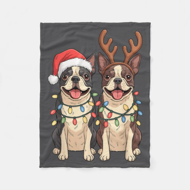 Boston Terrier Christmas Santa Hat Reindeer Lights Fleece Blanket (Front)
