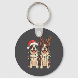 Boston Terrier Christmas Santa Hat Reindeer Lights Keychain