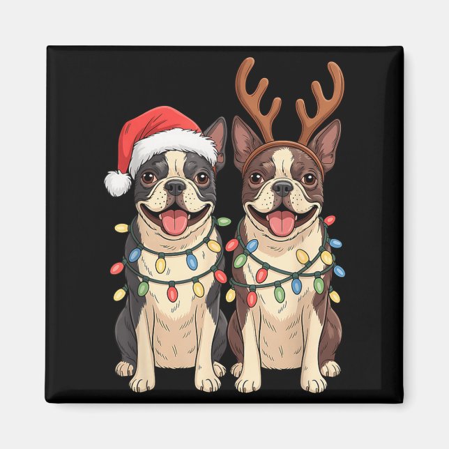 Boston Terrier Christmas Santa Hat Reindeer Lights Magnet (Front)