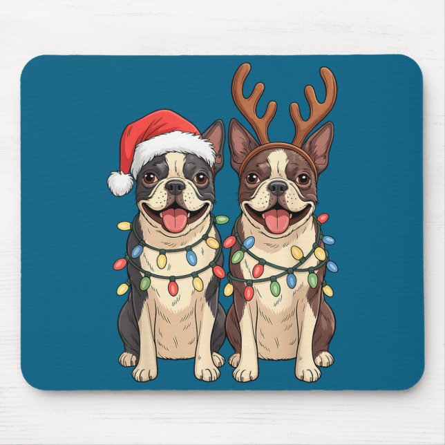 Boston Terrier Christmas Santa Hat Reindeer Lights Mouse Pad (Front)