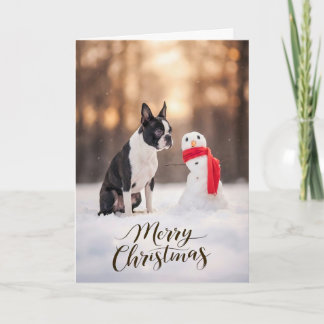 Boston Terrier Christmas Snowman Holiday Card