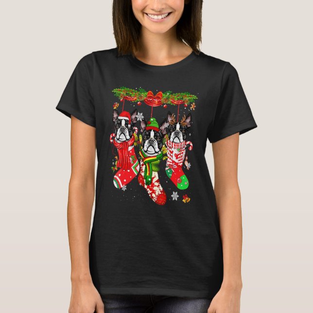 Boston Terrier Christmas Socks Costume Merry Xmas T-Shirt (Front)