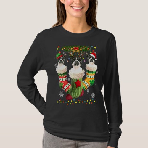 Boston Terrier Christmas Socks Tree Light Xmas San T_Shirt