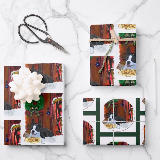 Boston Terrier Christmas Wrapping Paper Sheets (Front)