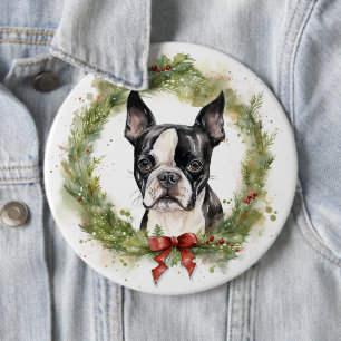 Boston Terrier Christmas Wreath Festive Pup Button