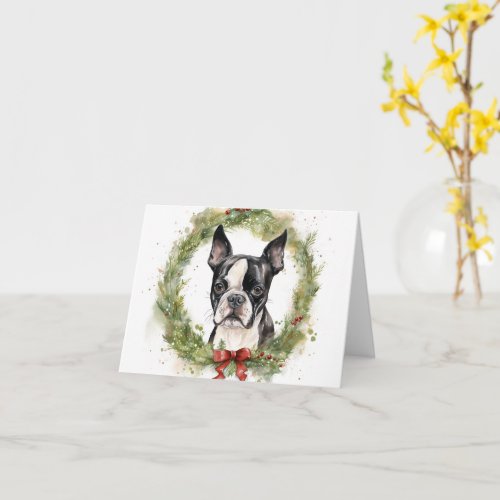 Boston Terrier Christmas Wreath Festive Pup  Card