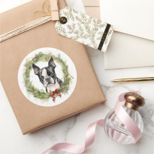 Boston Terrier Christmas Wreath Festive Pup  Classic Round Sticker