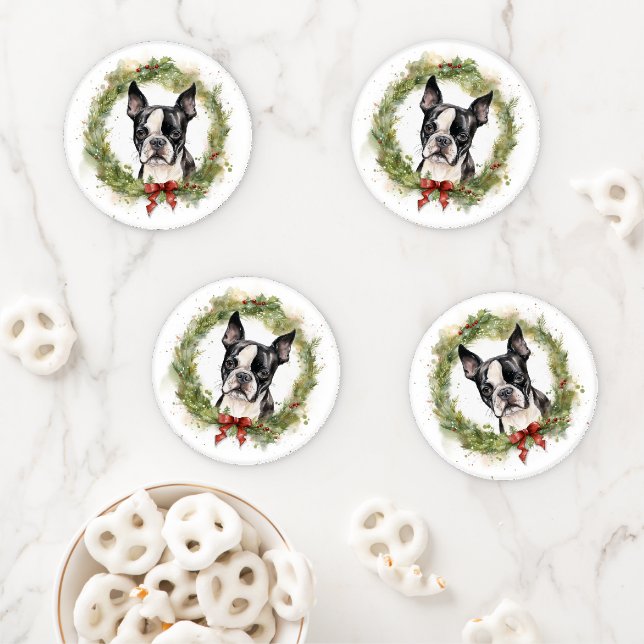 Boston Terrier Christmas Wreath Festive Pup  Coaster Set (In Situ)