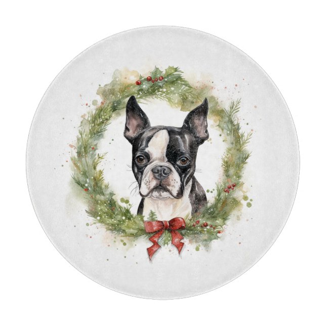 Boston Terrier Christmas Wreath Festive Pup  Cutting Board (Front)
