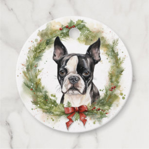 Boston Terrier Christmas Wreath Festive Pup  Favor Tags