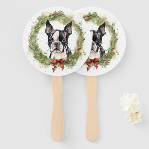 Boston Terrier Christmas Wreath Festive Pup Hand Fan