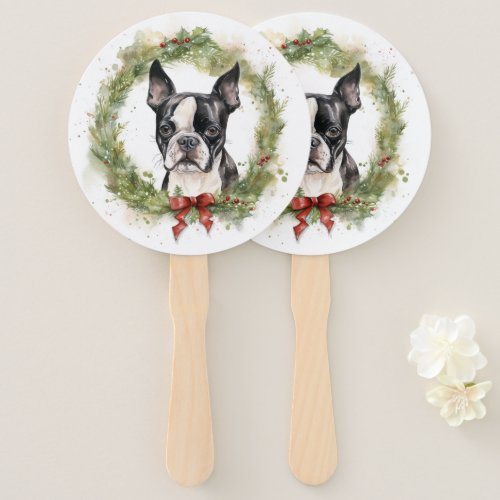 Boston Terrier Christmas Wreath Festive Pup  Hand Fan