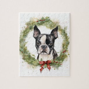Boston Terrier Christmas Wreath Festive Pup Jigsaw Puzzle
