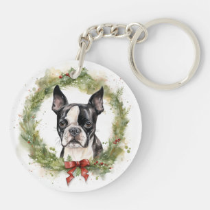 Boston Terrier Christmas Wreath Festive Pup Keychain