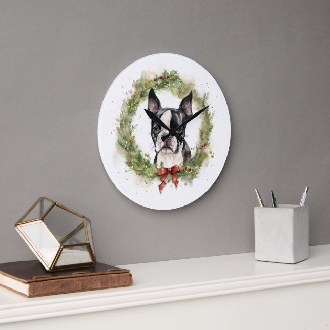 Boston Terrier Christmas Wreath Festive Pup  Large Clock (Office)